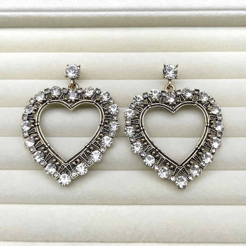 Antique Yellow Gold with White Diamond Crystal Open Heart Dangling Post Earrings